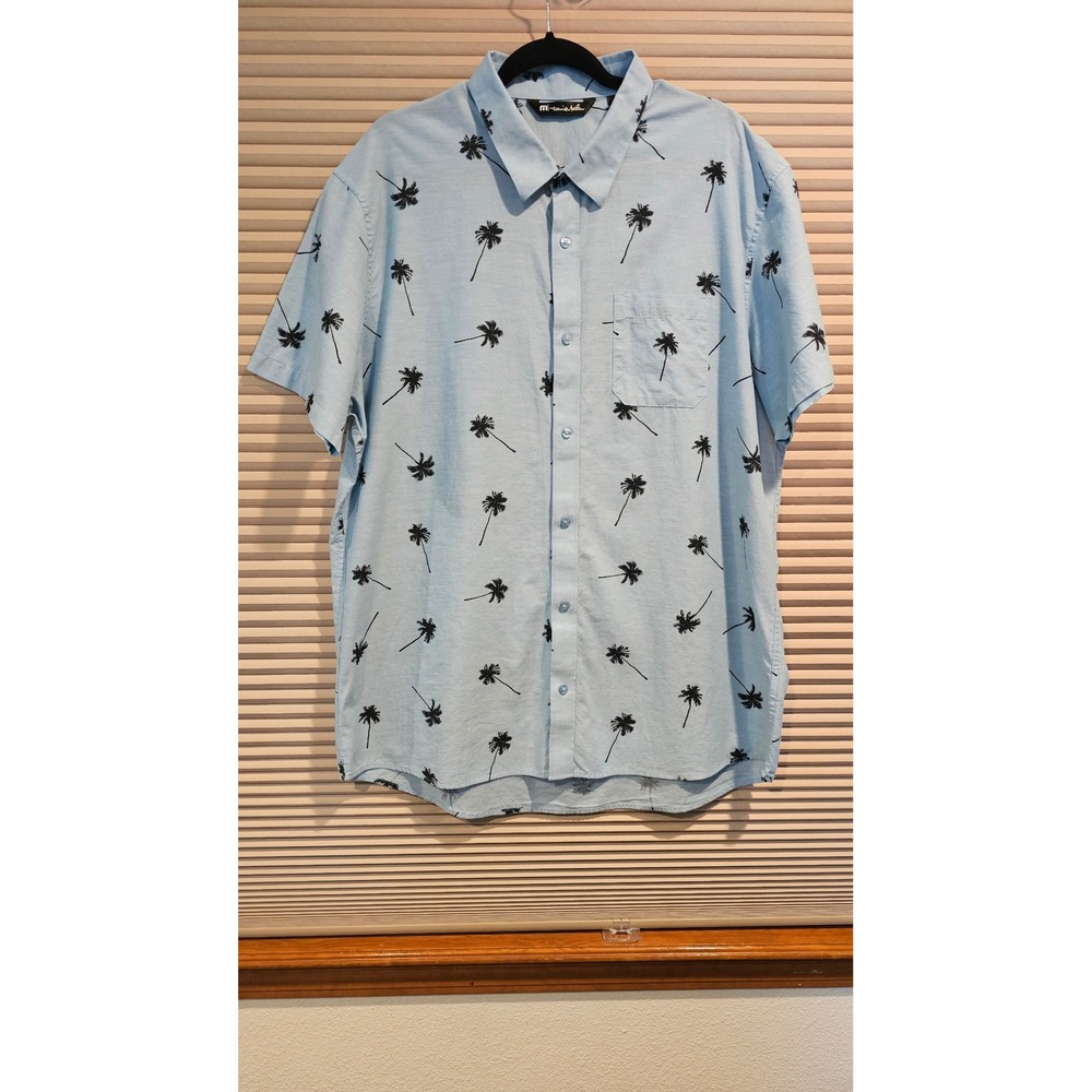 TravisMathew Mens XXL Light‎ Blue Palm Tree Print Short Sleeve Button Down Shirt